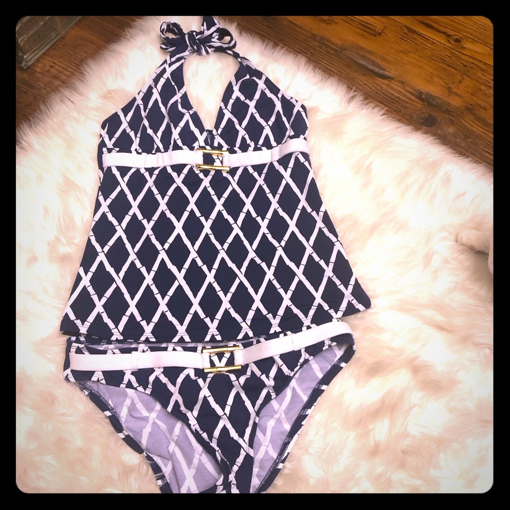 Navy Blue and white tankini bathing suit